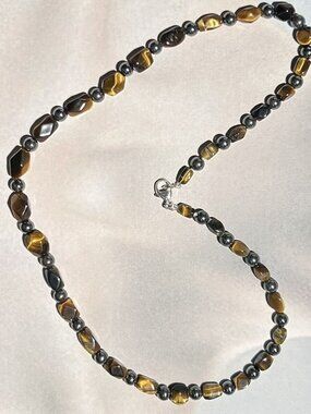 Natural Tiger-Eye Gemstone Beads and Hematite Beads. Necklace.
